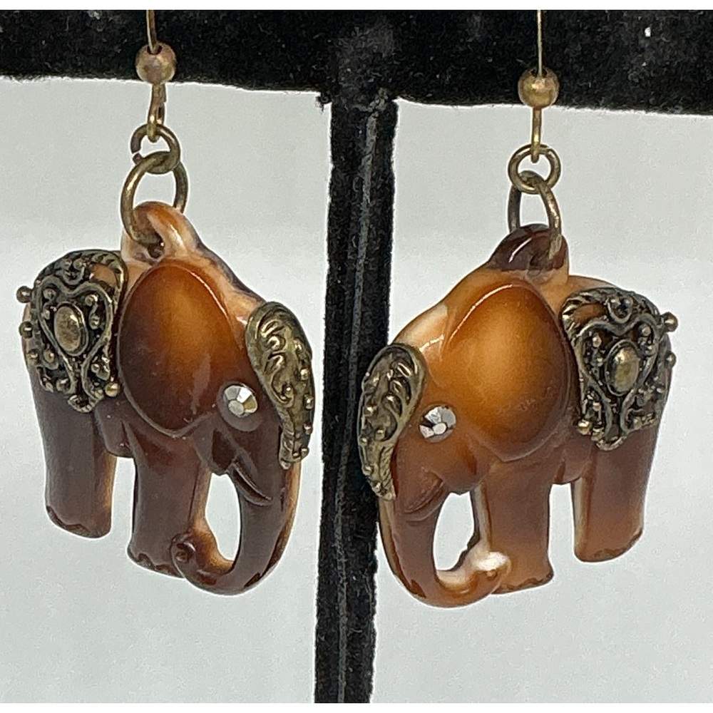 Vintage Elephant Dangle Earrings Brass Filigree Accents 1970s Boho